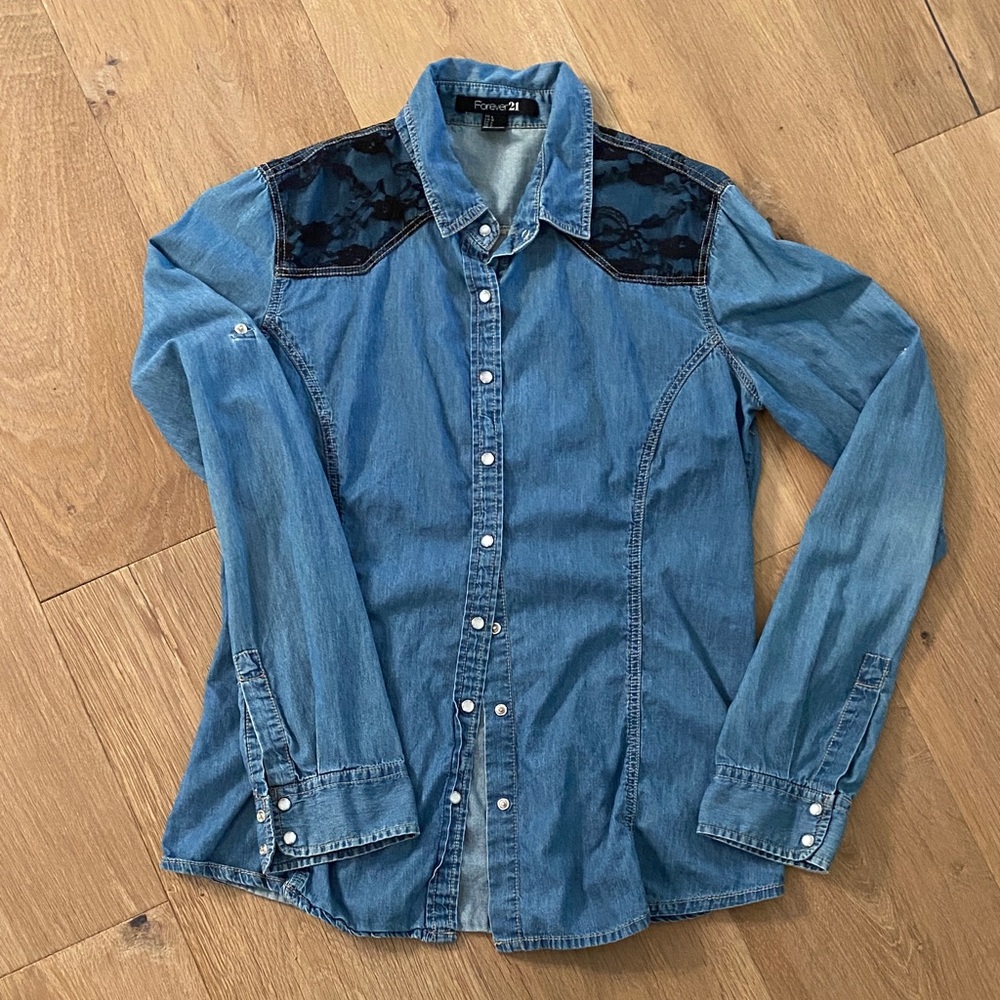 Forever 21 Blue Denim Shirt with Black Lace